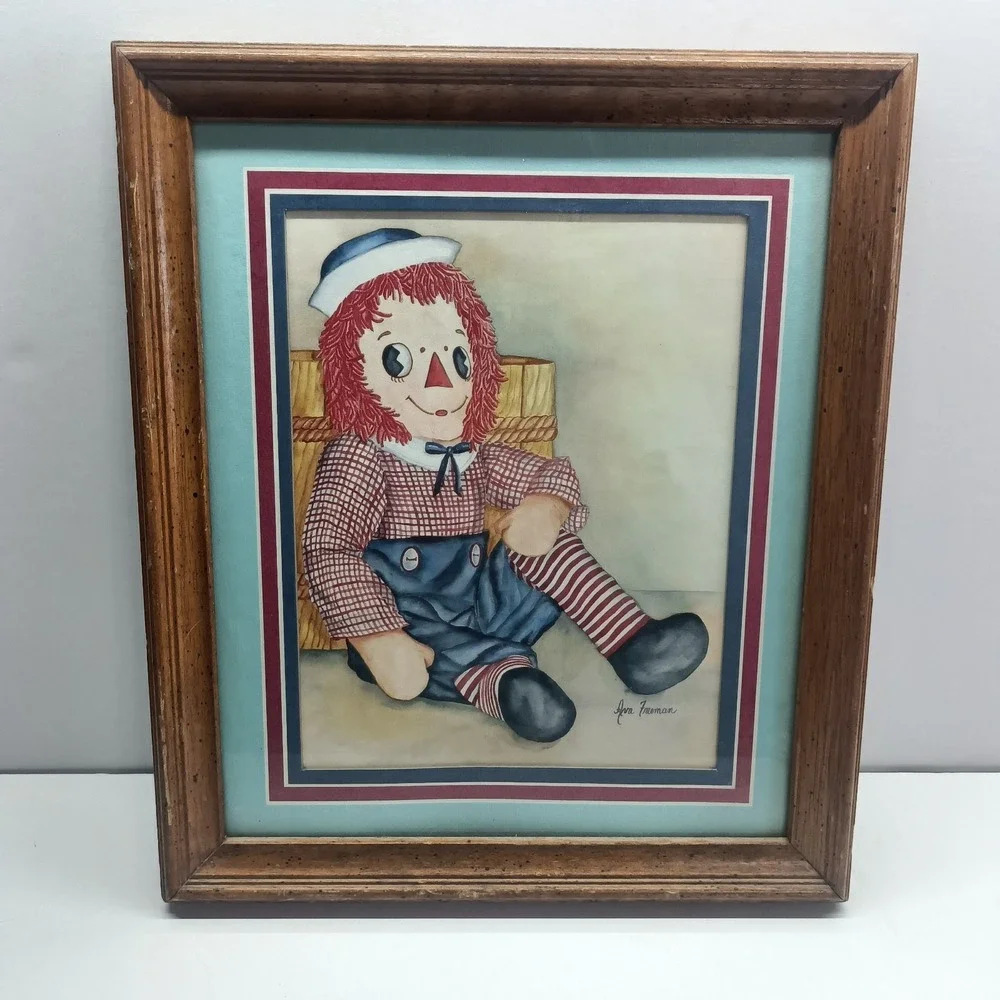 Raggedy Andy Doll Framed Art Print‎ Signed Ava Freeman Framed Navy Hat Red White
